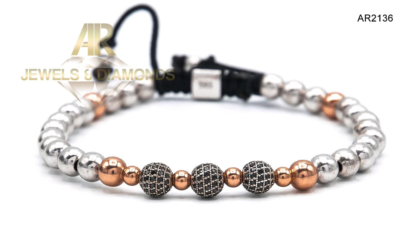 Bratara reglabila Aur Alb/Rosé 14K Diamant Negru [AR2136] - Bijuterii Aur